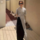 Y2K Dress Women Solid Bandage Asymmetrical Side Slit Chic Midi Dress Streetwear Simple Lace Up Casual A Line Slim