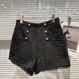 2022 Fall Winter Turn Down Collar Double Breasted Metal Buttons Slim Blazer Tweed Shorts Two Piece Set Women