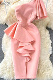 Off Shoulder Party Dress Women Summer Diagonal High Waist Irregular Ruffle Bodycon Vestidos Female Casual Red/Pink Robe