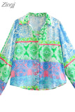 Patchwork Button Up Shirt Women Print Long Sleeve Top Female Loose Summer Blouses Woman 2023 Collared Women's Beach