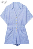 2023 Woman Short Playsuit Blue Striped Summer Woman Jumpsuit Short Sleeve Women Jumpsuits Casual Loose Women's