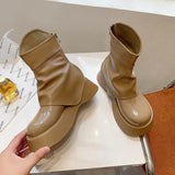 Womens Round Toe Platform Knee Thigh Boots Chunky High Heel Wide Tube Pull On Shoes Retro Chelsea Western New 2023