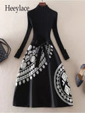 Ladies Elegant Luxury Dresses 2023 Fall Winter Warm Knitted Patchwork Embroidery Dresses Women High Waist A-line