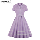 Women Patchwork Vintage 50s 70s Solid Dress Robe Ladies Notched Collar Button Belt Purple Elegant Party Rockabilly Swing
