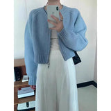 Solid Knitted Cardigan Women Sweet Zipper Cropped Sweaters Korean Vintage Casual Knitwear Coat Loose Short Jumpers