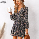 PETAL Plunge Neck A-Line Mini Dress For Woman Ditsy Floral Sexy Long Sleeve Party Dress 2023 Spring Autumn Female