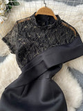 Women Black Sexy Lace Embroidered Pastchwork Party Long Dress Elegant Stand Collar Short Sleeve Ruffle Hem Maxi Robe
