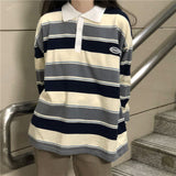 Polo Collar Stiped Oversized Long Sleeve Tee-Outfit
