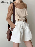 Women's Summer Shorts Wide Leg Black Casual Cotton Solid Elastic High Waist Cargo Shorts Women Oversized Summer
