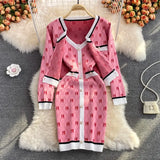 Autumn Women Knitted Dress 2 Piece Set Women Pink Printed Cardigan Coat + Chic Spaghetti Strap Bodycon Dresses