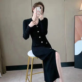 Feminine Vestidos 2022 Women Autumn Winter Solid Button Single Breasted Green Black Elegant Long Maxi Knit Sweater