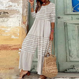 Fall Street Long Sleeve Loose Rompers Women Clothing Striped Patchwork Jumpsuits Fashion O Neck Pleated Wide Leg