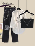 Women Streetwear Harajuku Y2k Outfits 3 PCS Sets Chain Vest+long Sleeve Sunscreen+wide Leg Hollow Out Denim Pant