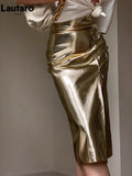 Spring Autumn Shiny Black Silver Golden Pu Leather Skirt Women Front Slit High Waist Long Luxury Designer Clothes