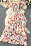 Women Floral Chiffon Two Piece Set Sexy Square Collar Short Puff Sleeve Tops + Ruffle Pleated Midi Skirt Beach 2Pcs