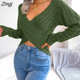 Women's Sweaters Twist Knit Pullover Sweater Winter V neck Full Balloon Sleeve Solid Slim Short Crop Pullovers 2022