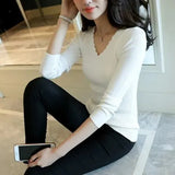 Autumn Long Sleeve Sweater Women Winter Spring Pullover Solid Black White Knitted Sweater Top Wave Cut V-neck Basic