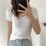 2021 Basic V-neck Solid Thin Summer Pullover Women Female Knitted Ribbed Sweater Slim Short Sleeve Bodycon