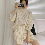 Ladies Sweater Set Turtleneck Loose Pullovers & Elastic Waist Lace-up Shorts Women 2 Pieces Knitted