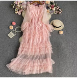 High-End Feel Leaf Edge Mesh Cake Dress Women's Waist Thin Temperament A Word Shoulder Super Fairy Long