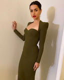 Autumn Women Long Sleeved Bandage Dress Sexy V Neck Green Black Bodycon Celebrity Evening Club Midi Party Dress