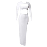 2022 Women Hollow Out Bandage Dress Sexy O Neck Long Sleeve White Celebrity Bodycon Club Midi Party Evening