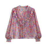 Women's Long-Sleeved V-Neck Flower-Print Shirt