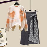 Lazy Sweater Two Piece set Women Sweet Heart-shaped beaded Pullover Jumper Top + Irregular Striped Skirt Knit 2PCS