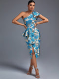Ruffle Party Dress Women Blue Bodycon Dress Elegant Sexy Midi One Shoulder Evening Club Outfits 2022 Summer New