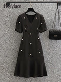 Mini Dress For Women French Vintage Mermaid Dresses V-neck Puff Sleeve Empire Zipper Evening Party Dress Women 4XL