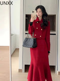 French Temperament Sweet 2 Piece Set Women Clip Wool Double-breasted Lapel Simple Chic Short Jacket+Skirt Suit Retro