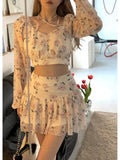 Piece Sets Womens Outifits Casual Floral Y2k Crop Tops + Mini Skirts Office Lady Tracksuits Fashion Suis Korean 2022