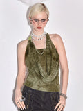 Fashion Wasteland Breeze Niche Retro Bead Decoration Collar Design Back Dark Green Sexy Strip