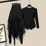 Winter 2 Piece Sets Women Long Sleeve Deep V-Neck Knitting Sweater And Irregular Mesh Patchwork Black Skirt Two Piece