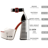 Onlymaker Women's Sandals Platform Peep Toe Chunky Square Heels Ankle Strap Sandals Black And White Stripes Party Fashion