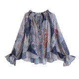 2022 Fashion With Bow Printed Loose Gathered Shirts Vintage V-neckline Long Sleeve Ruffled Female Blouses Blusas Chic