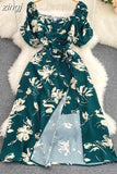 Women Irregular Printed Dress Vintage Square Collar Puff Short Sleeve High Waist A-Line Slim Vestidos Elegant New