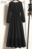Women Elegant Floral Printed Long Dresses Spring Summer Casual O Neck Long Sleeve Ladies Chic High Waist A Line Beach