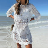 Queens Women Solid Three Quarter Flare Sleeve Beach Hollow Out Bohemian Mini Dress Ladies O-neck Boho