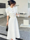Korean Sweet Elegant 2 Piece Set Spring Summer Office Lady Skirt Suits Ruffles Polo Collar Knee-length Dresses for