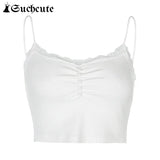 SUCHCUTE Goth Aesthetic Lace Patchwork Tank Tops For Women Sexy V-Neck Brown Retro Crop Tops Summer 90s Fashion Casual