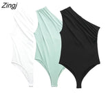 Women Sexy Solid Sleeveless Pleated Design Asymmetrical Slim Bodysuits Ladies One Shoulder Playsuits Mujer Rompers