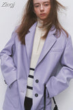 Spring Autumn Chic Purple Leather Blazer Women Long Sleeve Single Breasted Luxury Elegant Designer Clothes Jacket