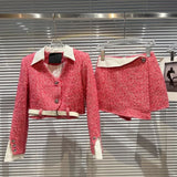 Autumn Shirt Collar Sleeve Patchwork V Neck Short Coat Belt Pink Mini Shorts Skirt Two Piece Set Outfits Women