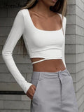 Autumn Square Neck White Long Sleeve Top Crop Sexy Women Cut Out Skinny Solid 2022 Casual Basic T Shirts Summer