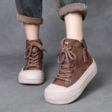 Cowhick Retro Short Boots Women 2025 Autumn And Winter New Thick Bottoms With High-Top Shoes Round Head With Leather
