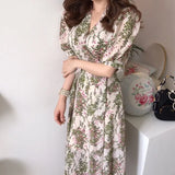 Style Slim Waist Lady Long Dress Puff Sleeve Cross V-Neck Split Floral Chiffon Women Dress Fashion Printing Pencil