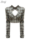 Fashion Women's Blouses Patchwork Casual Long Sleeve Korean Chic Hollow Out Plaid Shirts Elegant Y2k Female Polo Blusas