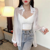 Transparent Blouse Summer 2021 Long Sleeve White Pink Green Button Up Shirts Women Y2k Korean Fashion Cardigan Sheer
