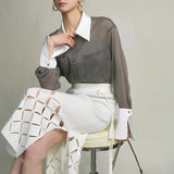 Vintage Blouses Women Elegant Sun Proof Sheer Long Sleeve Shirts Office Lady Korean Patchwork Loose Casual Sunscreen